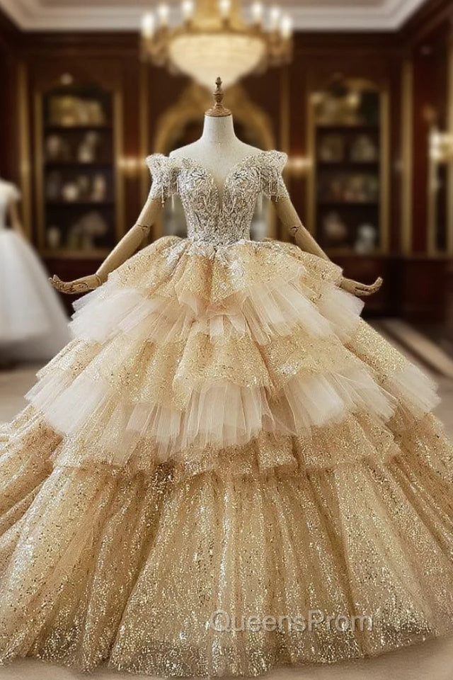 Champagne Gold Ball Gown Tulle Sequins Off the Shoulder Beading Wedding Dress Main image