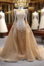 Champagne Gold Long Sleeve Beading Evening Prom Dress