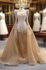 Champagne Gold Long Sleeve Beading Evening Prom Dress