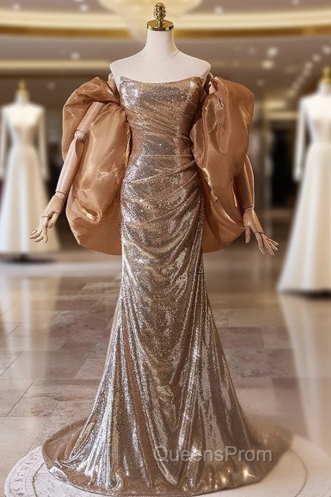 Champagne Gold Mermaid Sequins Strapless Pleats Evening Prom Dress