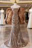 Champagne Gold Mermaid Sequins Strapless Pleats Evening Prom Dress
