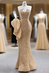 Champagne Gold Mermaid Sequins Strapless Evening Prom Dress