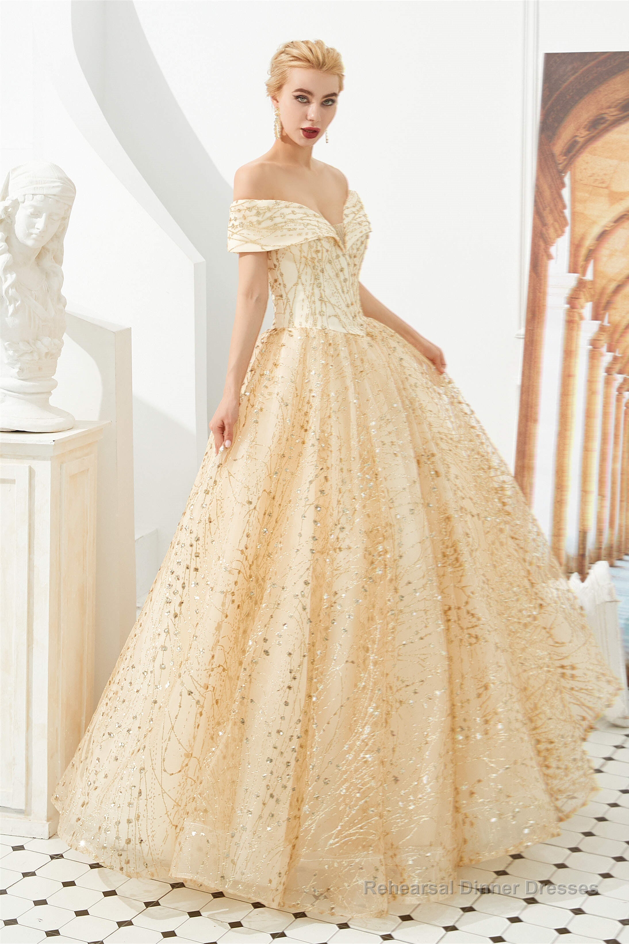 Champagne Gold Off-the-Shoulder Tulle Ball Gown Sequins Princess Prom Dresses for Girls Secondary image