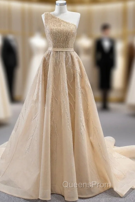 Champagne Gold One Shoulder Sequins Evening Prom Dress