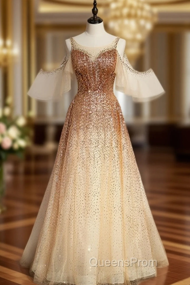 Champagne Gold Sequins Flying Sleeve Evening Prom Dress