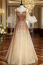 Champagne Gold Sequins Flying Sleeve Evening Prom Dress