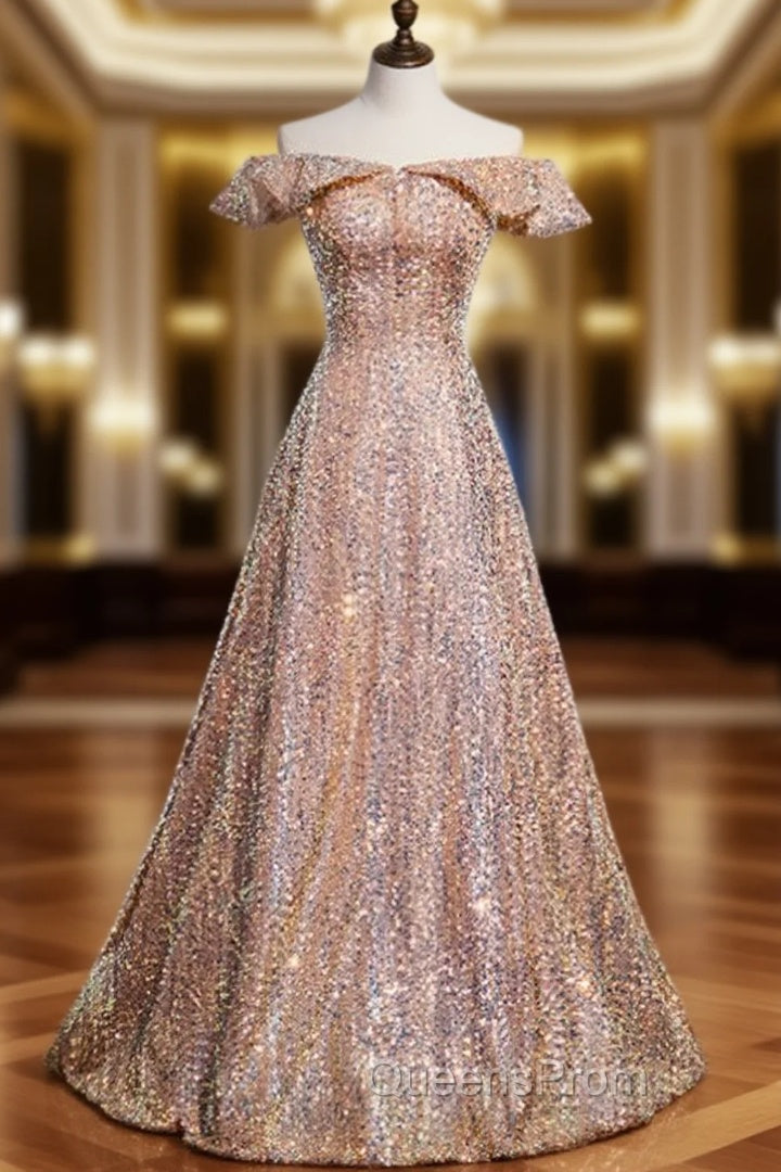 Champagne Gold Sequins Off the Shoulder Evening Prom Dress