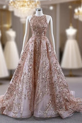 Champagne Gold Sequins Sleeve Evening Prom Dress