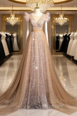 Champagne Gold Sequins Tulle Evening Prom Dress