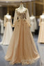 Champagne Gold Tulle Sequins Long Sleeve Appliques Evening Prom Dress