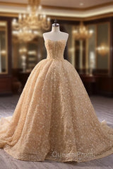 Champagne Gold Tulle Sequins Strapless Evening Prom Dress