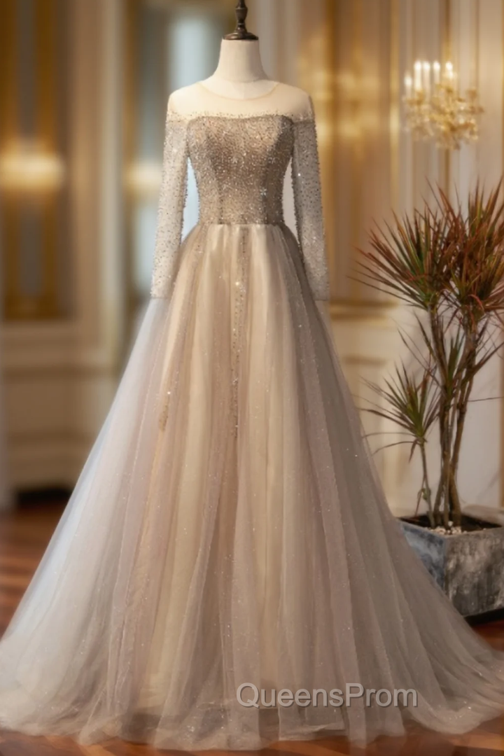 Champagne Gray Tulle Long Sleeve Beading Evening Prom Dress
