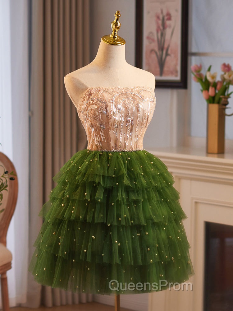 Champagne/Green Tulle Lace Short Evening Prom Dress, Cute Homecoming Dress