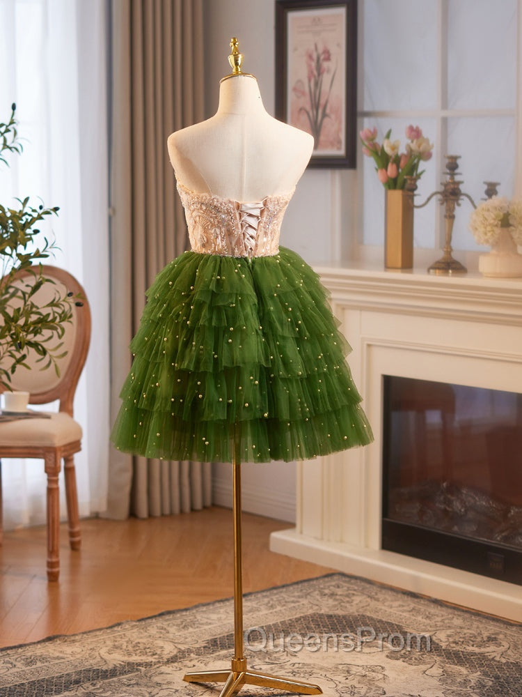 Champagne/Green Tulle Lace Short Evening Prom Dress, Cute Homecoming Dress