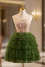 Champagne/Green Tulle Lace Short Evening Prom Dress, Cute Homecoming Dress