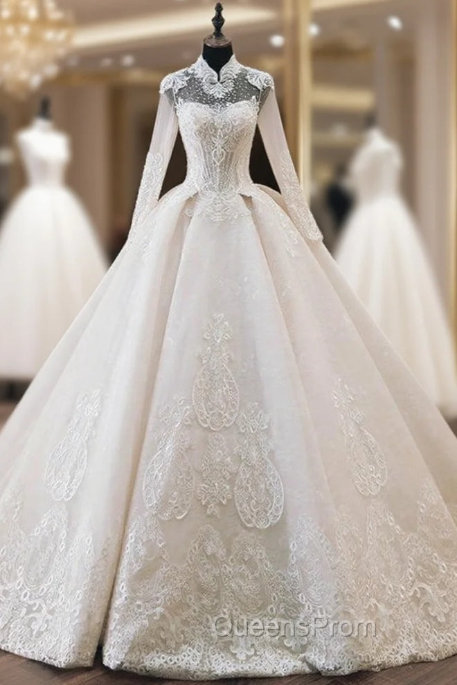 Champagne High Neck Long Sleeve Lace Appliques Beading Wedding Dress Main image
