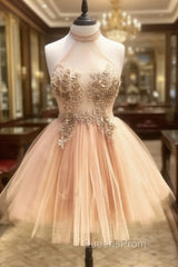 Champagne High Neck Tulle Lace Short Evening Prom Dress Tulle Evening Dress