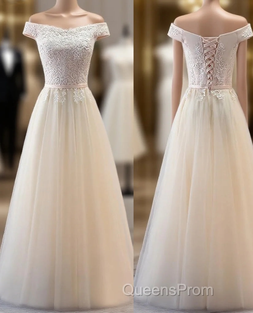 Champagne Lace Applique Off Shoulder Tulle Party Evening Prom Dress