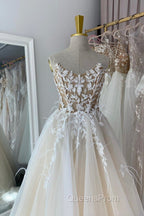 Champagne Lace Long A-Line Evening Prom Dress, Strapless Evening Dress