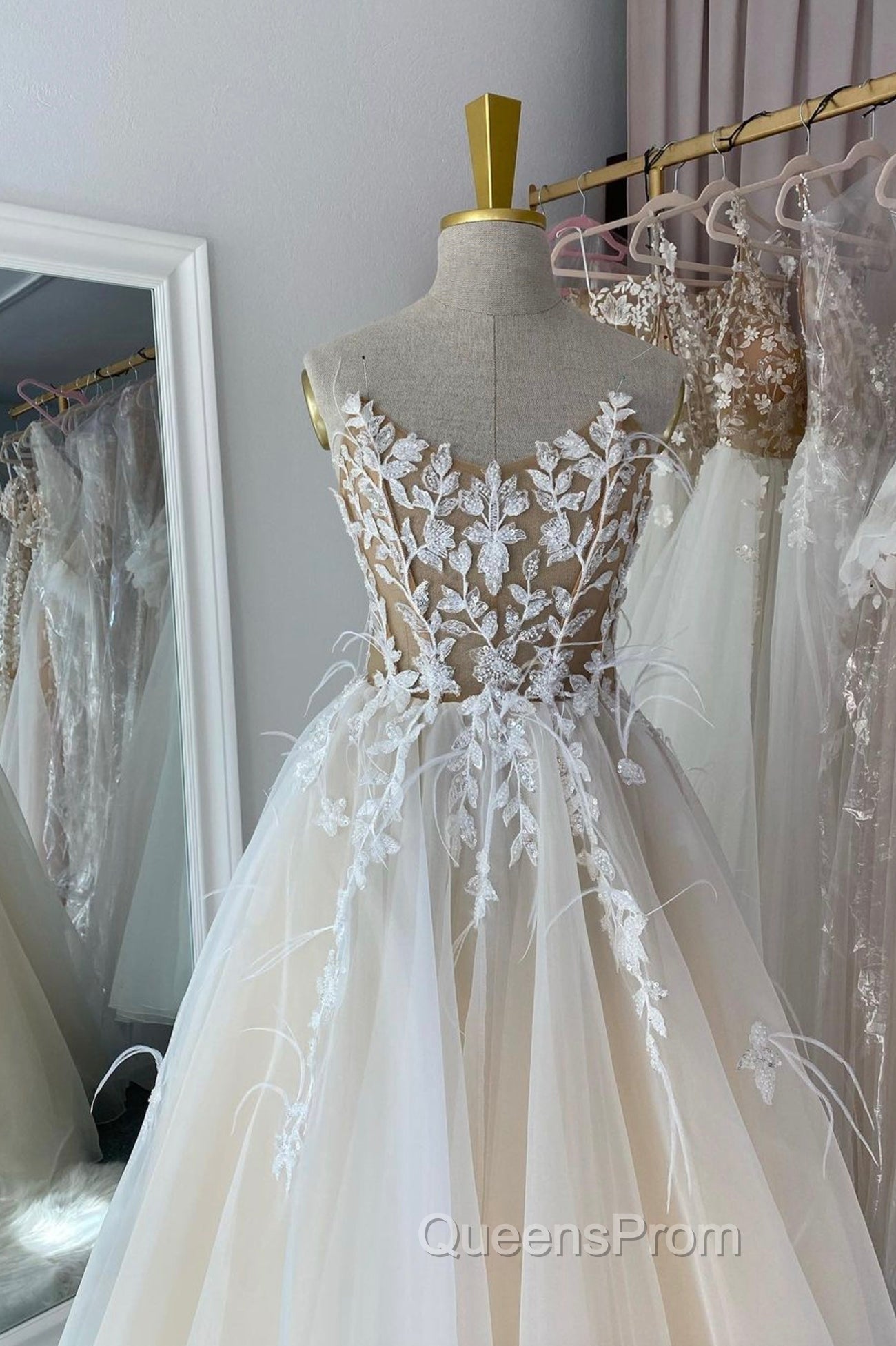 Champagne Lace Long A-Line Evening Prom Dress, Strapless Evening Dress