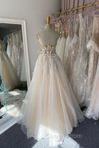 Champagne Lace Long A-Line Evening Prom Dress, Strapless Evening Dress