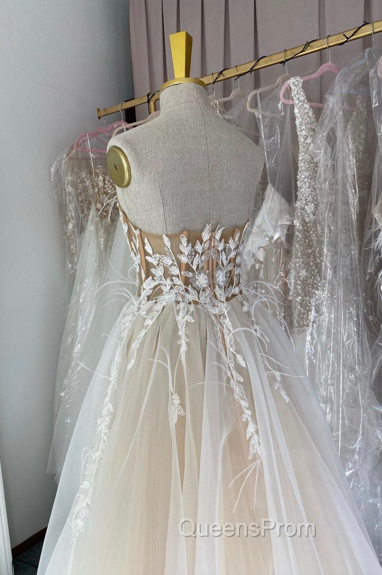 Champagne Lace Long A-Line Evening Prom Dress, Strapless Evening Dress