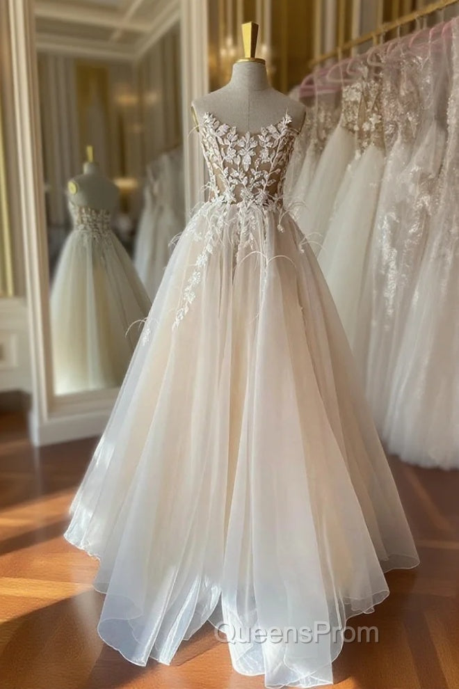 Champagne Lace Long A-Line Evening Prom Dress, Strapless Evening Dress