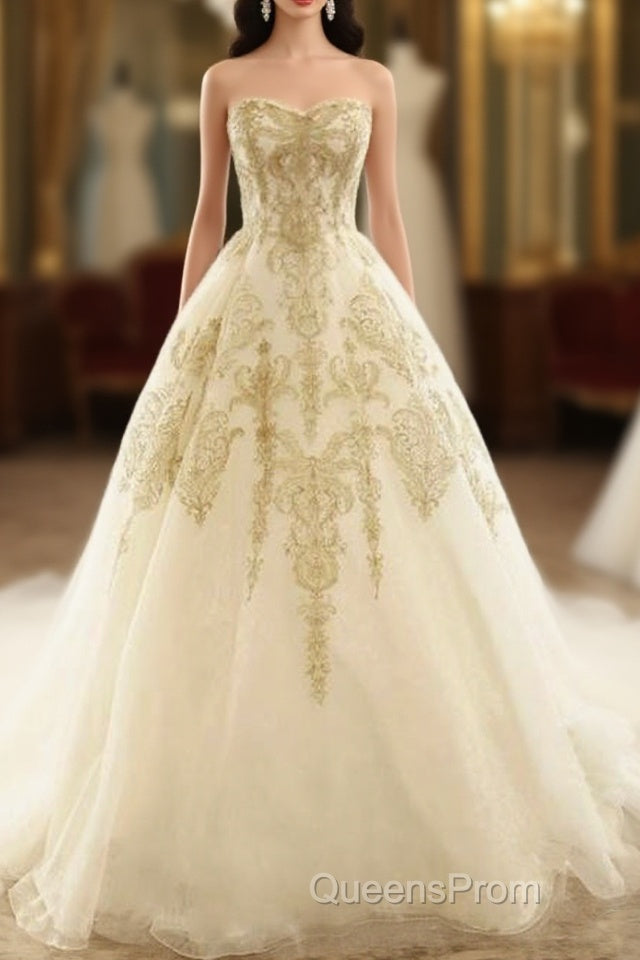 Champagne Lace Long Wedding Dress, Champagne Bridal Dress, Champagne Lace Wedding Evening Prom Gown Main image