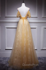 Champagne Lace Off Shoulder Long Party Dress , Cute Tulle Formal Dress Evening Prom Dress