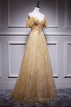 Champagne Lace Off Shoulder Long Party Dress , Cute Tulle Formal Dress Evening Prom Dress