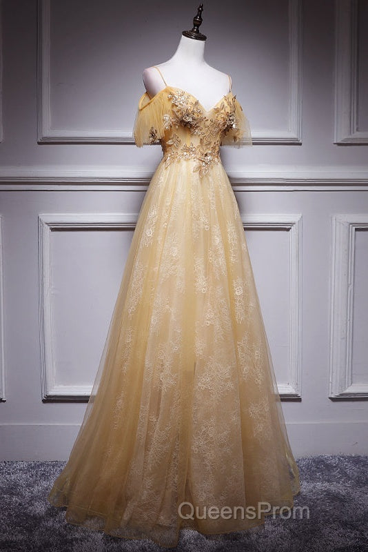 Champagne Lace Off Shoulder Long Party Dress , Cute Tulle Formal Dress Evening Prom Dress