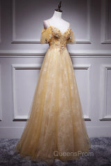 Champagne Lace Off Shoulder Long Party Dress , Cute Tulle Formal Dress Evening Prom Dress