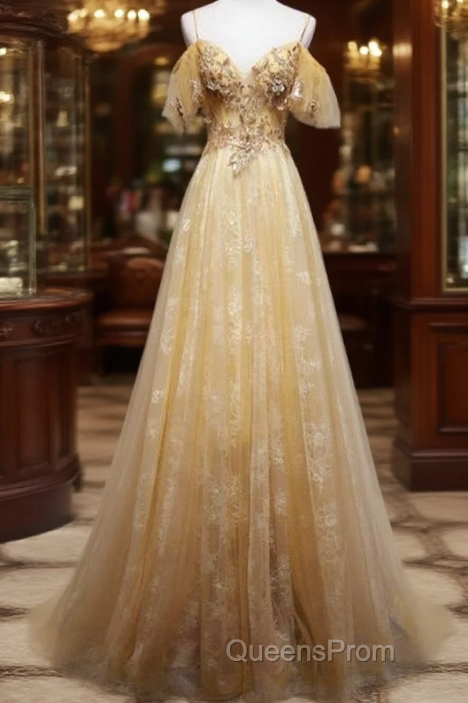 Champagne Lace Off Shoulder Long Party Dress , Cute Tulle Formal Dress Evening Prom Dress Main image