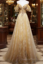 Champagne Lace Off Shoulder Long Party Dress , Cute Tulle Formal Dress Evening Prom Dress