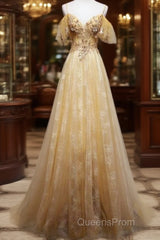 Champagne Lace Off Shoulder Long Party Dress , Cute Tulle Formal Dress Evening Prom Dress