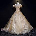 Champagne Lace Off Shoulder Party Dress, Ball Gown Tulle Evening Dress Evening Dress