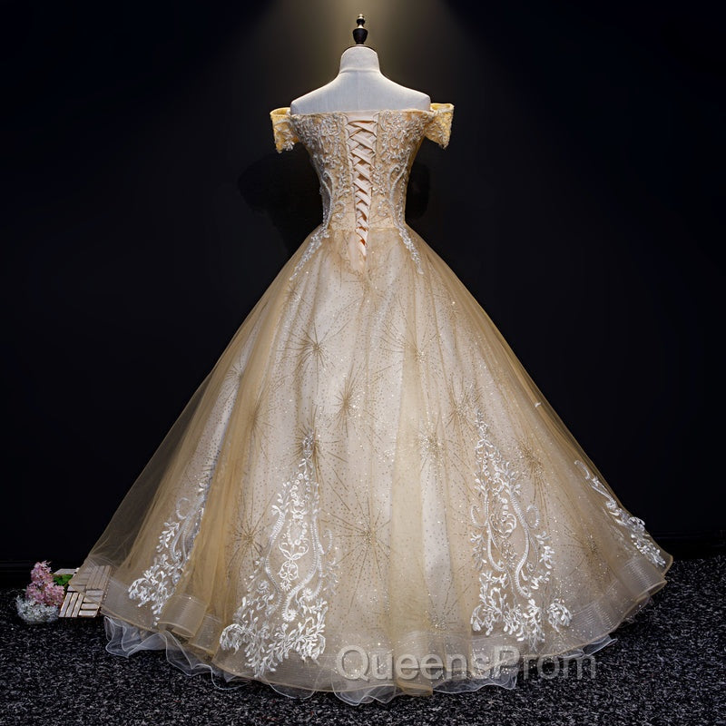 Champagne Lace Off Shoulder Party Dress, Ball Gown Tulle Evening Dress Evening Dress