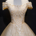 Champagne Lace Off Shoulder Party Dress, Ball Gown Tulle Evening Dress Evening Dress