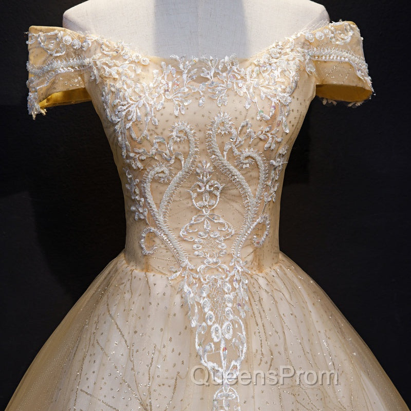 Champagne Lace Off Shoulder Party Dress, Ball Gown Tulle Evening Dress Evening Dress