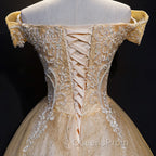 Champagne Lace Off Shoulder Party Dress, Ball Gown Tulle Evening Dress Evening Dress