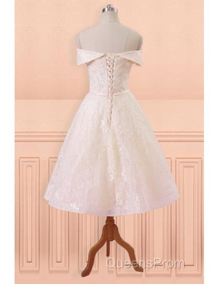 Champagne Lace Off Shoulder Tea Length Wedding Dress With Sash Secondary image