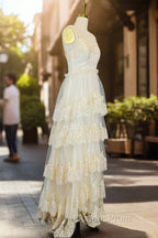 Champagne Lace Evening Prom Dress A-line V-neck Elegant Evening Dress