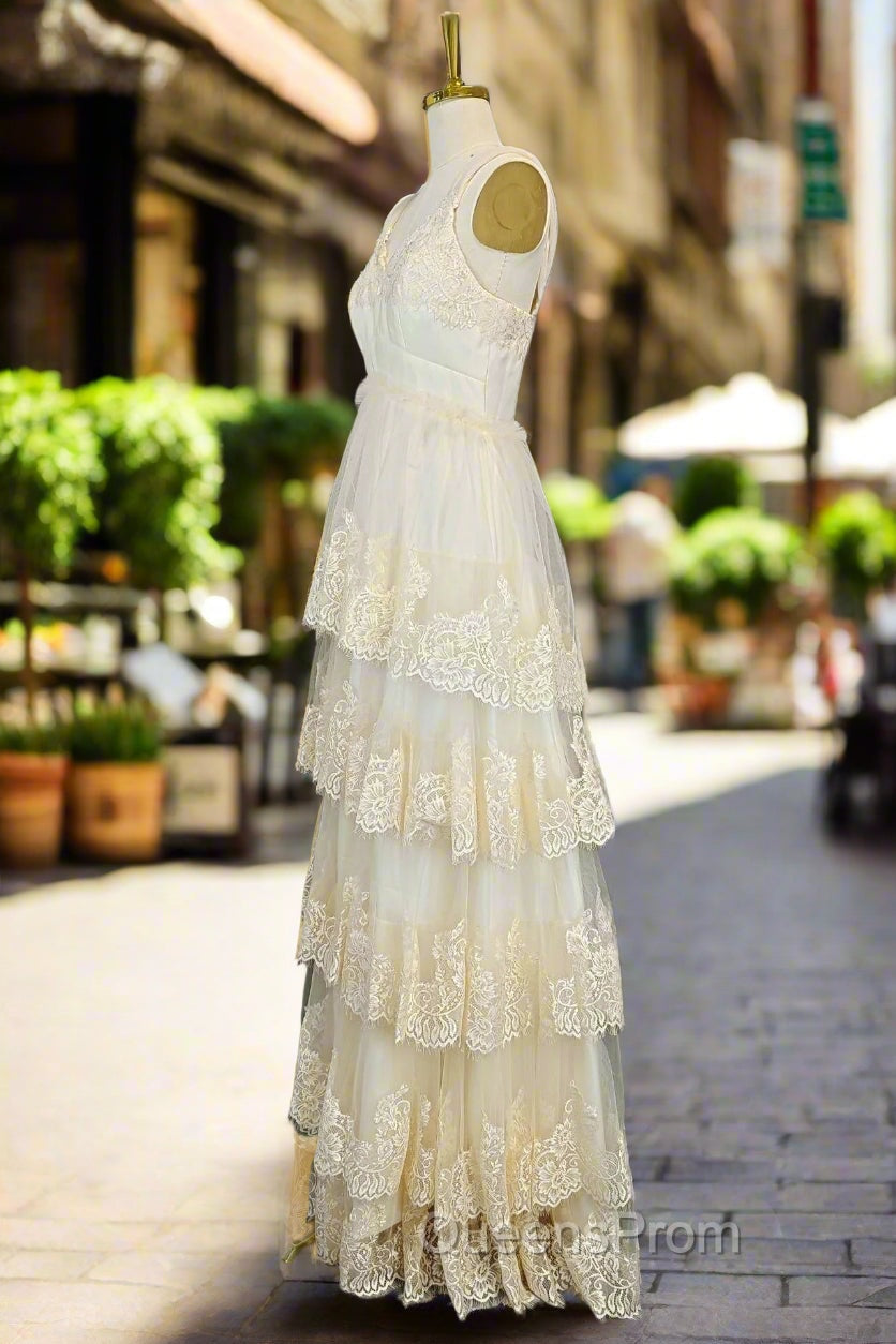 Champagne Lace Evening Prom Dress A-line V-neck Elegant Evening Dress
