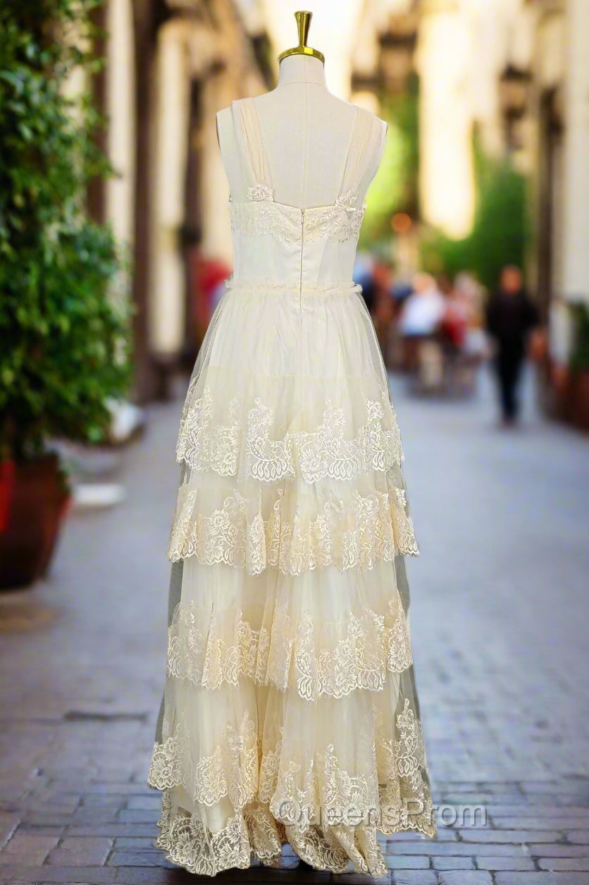 Champagne Lace Evening Prom Dress A-line V-neck Elegant Evening Dress