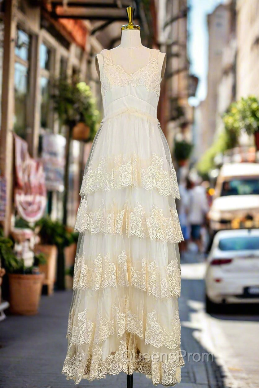 Champagne Lace Evening Prom Dress A-line V-neck Elegant Evening Dress Main image