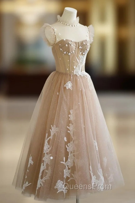 Champagne Lace Short A-Line Evening Prom Dress, Cute Homecoming Party Dress Main image