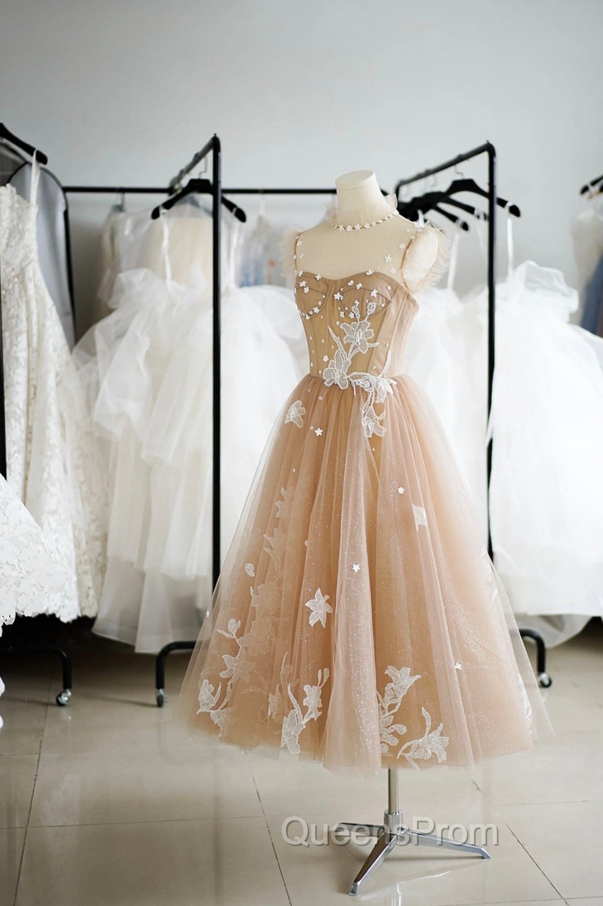 Champagne Lace Short A-Line Evening Prom Dress, Cute Homecoming Party Dress Secondary image