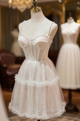 Champagne Lace Short Evening Prom Dress, Spaghetti Straps Party Dress with Pearl