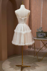 Champagne Lace Short Evening Prom Dress, Spaghetti Straps Party Dress with Pearl