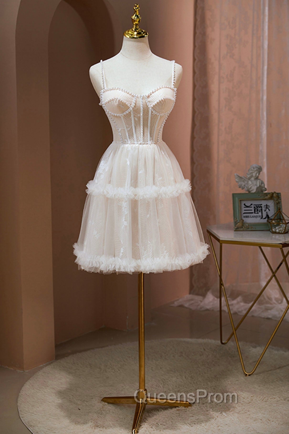 Champagne Lace Short Evening Prom Dress, Spaghetti Straps Party Dress with Pearl